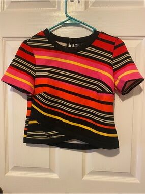 Multicolor Striped Short Sleeve Top - Pink, Red, Orange, Yellow, Black